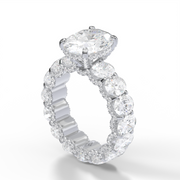 White Gold Hidden Halo Pave Oval And Round Shape Diamond Eternity Engagement Ring With Shared Prong And U Cut Setting