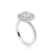 White Gold Round Shape Diamond Halo Pave Engagement Ring With U Cut Setting