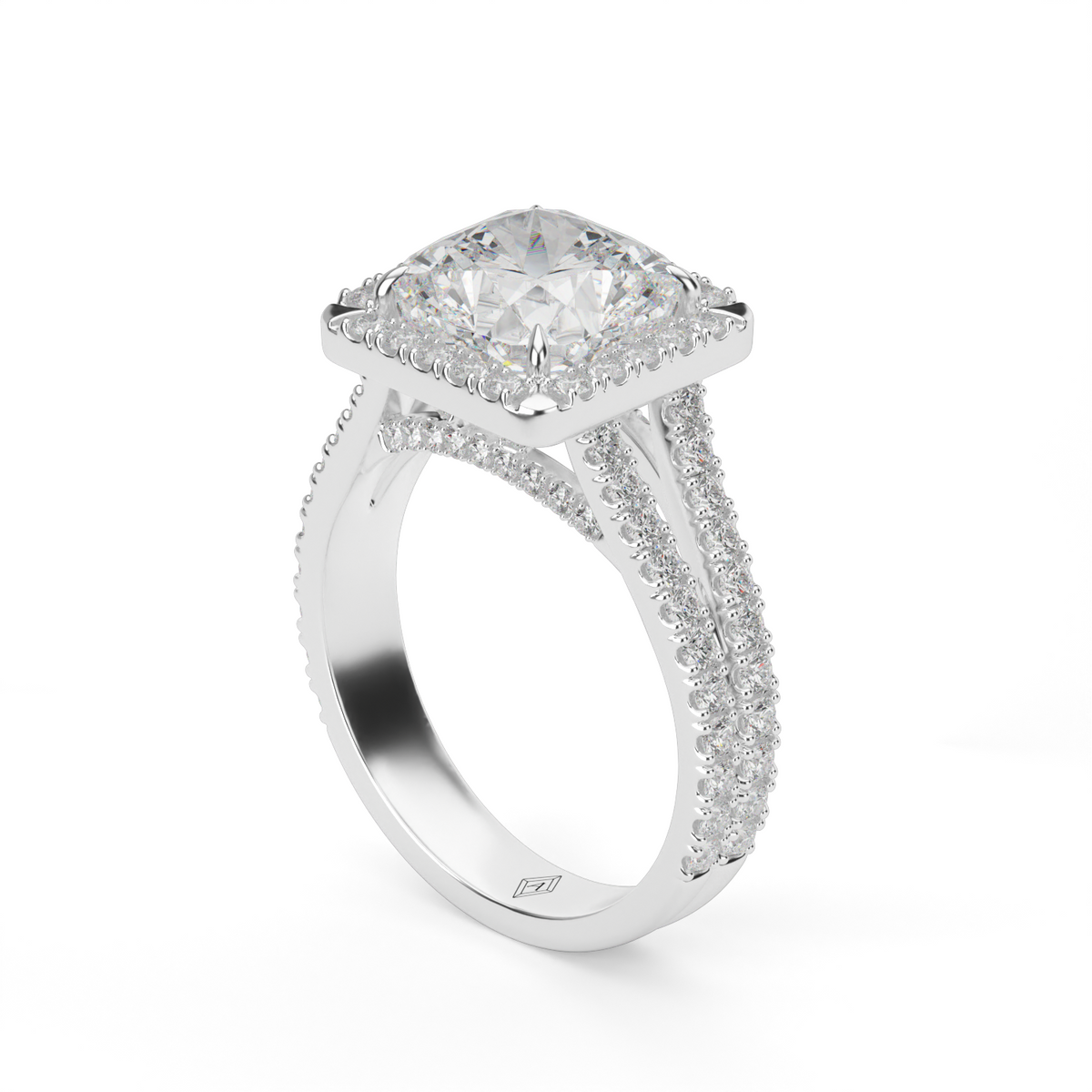 Split Band Diamond Halo Engagement Ring — 14K White Gold / Cushion / Lab Diamond (image)