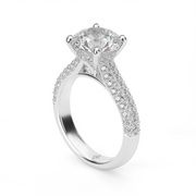 White Gold Round Shape Diamond Hidden Halo Triple Row Pave Engagement Ring With Prong Setting