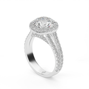 White Gold Round Shape Diamond Halo Pave Engagement Ring With U-Cut Setting