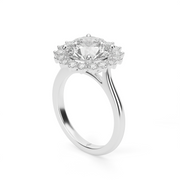 White Gold Round Shape Diamond Halo Engagement Ring With Shared Prong Setting.