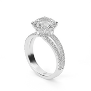 .White Gold Round Shape Diamond Split Shank Pave Engagement Ring With U Cut Setting. 