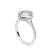 White Gold Round Shape Diamond  Hidden Halo Pave Engagement Ring With Bezel Setting 