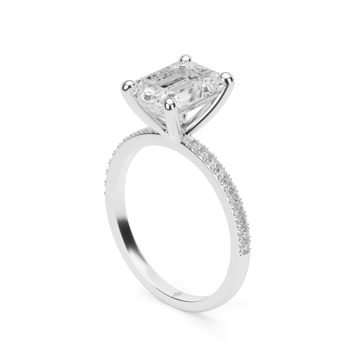 Petite French Cut Pave Engagement Ring — 14K White Gold / Emerald / Lab Diamond (image)