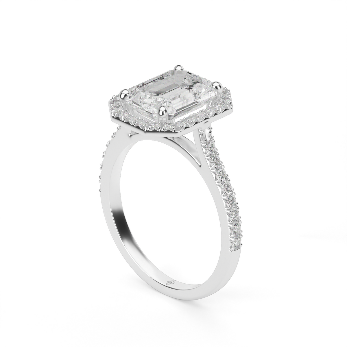 Halo Cushion Head  Pavé Engagement Ring — 14K White Gold / Emerald / Lab Diamond (image)