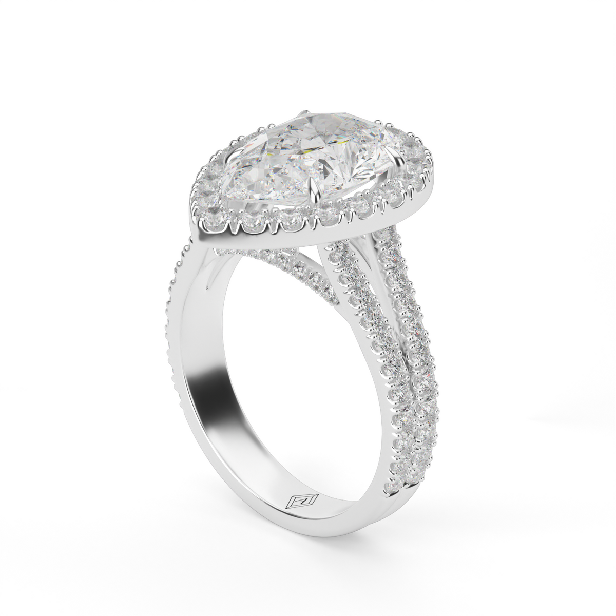 Split Band Diamond Halo Engagement Ring — 14K White Gold / Pear / Lab Diamond (image)