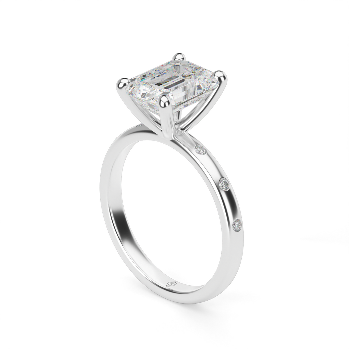 Modern Burnish-set Diamond Engagement Ring — 14K White Gold / Emerald / Lab Diamond (image)