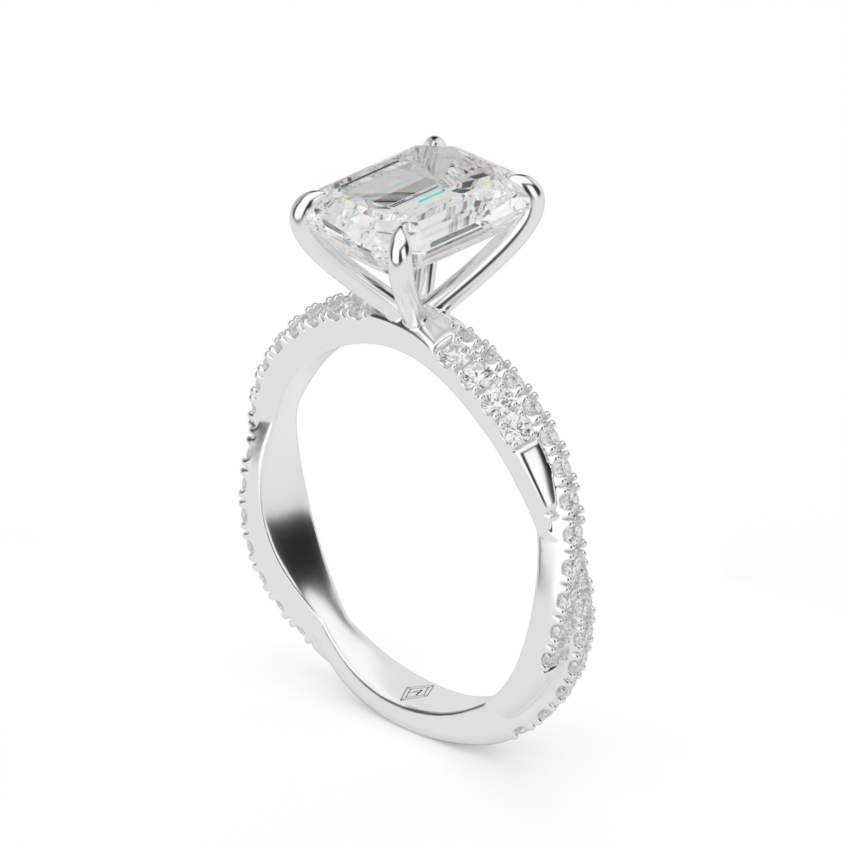 Pavé Twist Diamond Engagement Ring — 14K White Gold / Emerald / Lab Diamond (image)