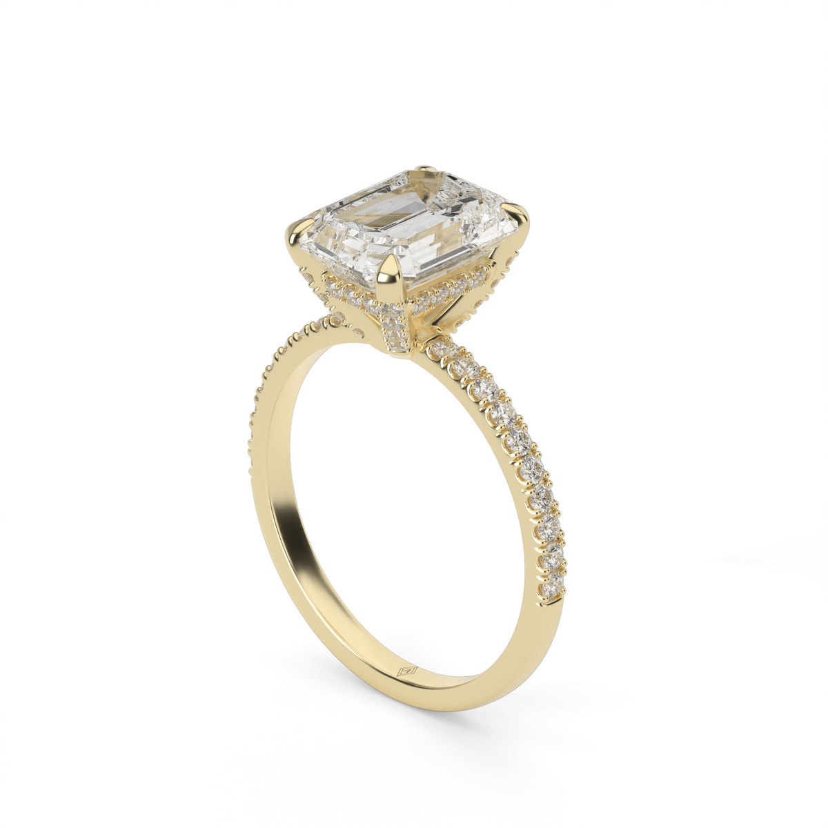 Petite Pavé Crown Diamond Engagement Ring — 14K Yellow Gold / Emerald / Lab Diamond (image)
