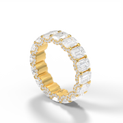 Yellow Gold Emerald Cut Diamond Pave Eternity Ring/Band With  Shared Prong Setting.