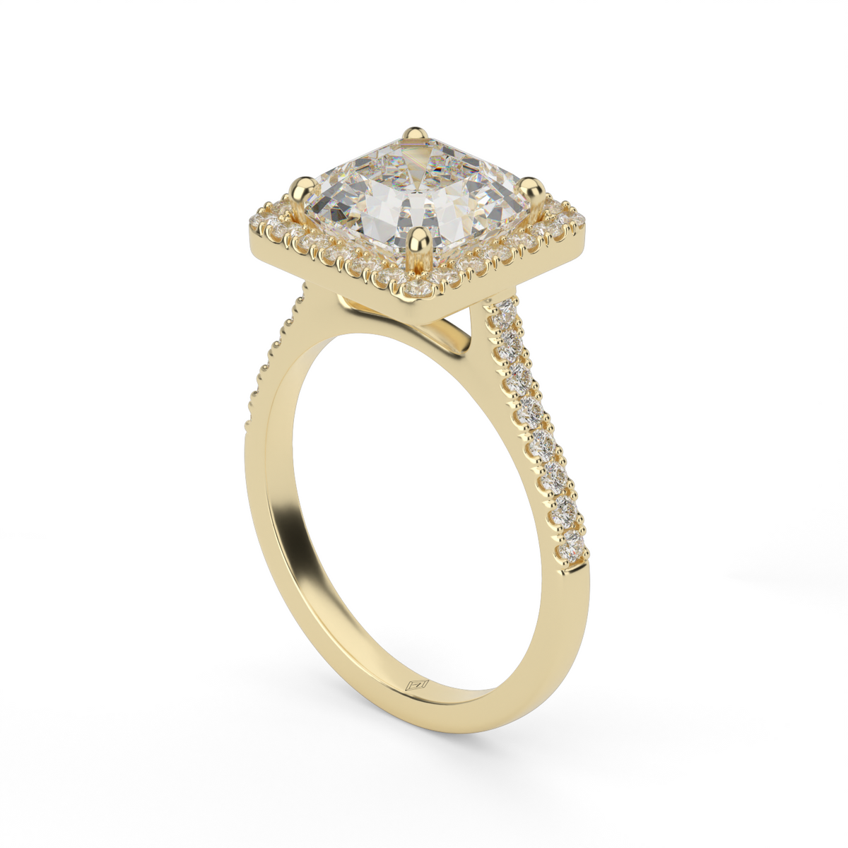 Pavé Halo and Shank Diamond Engagement Ring — 14K Yellow Gold / Asscher / Lab Diamond (image)