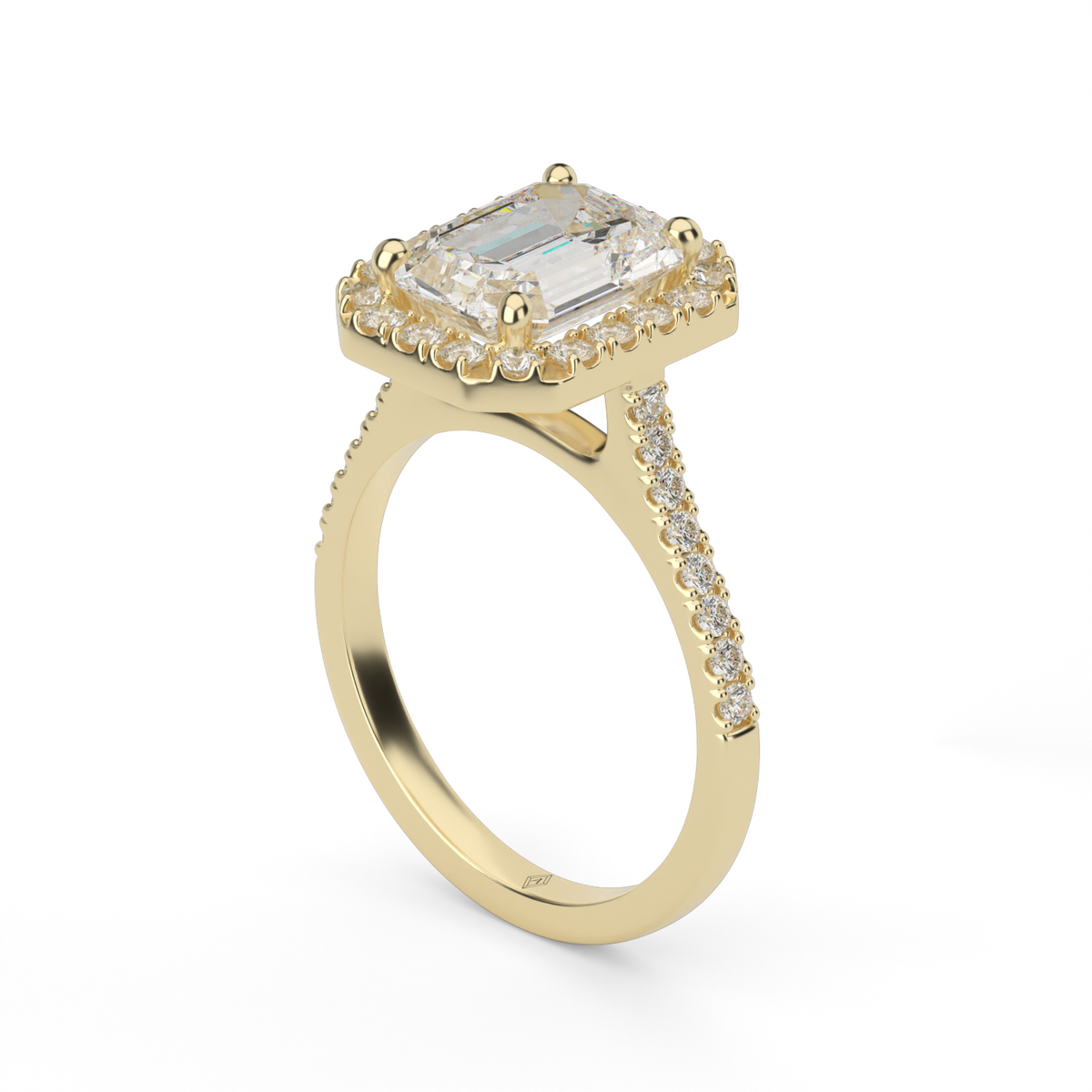 Pavé Halo and Shank Diamond Engagement Ring — 14K Yellow Gold / Emerald / Lab Diamond (image)