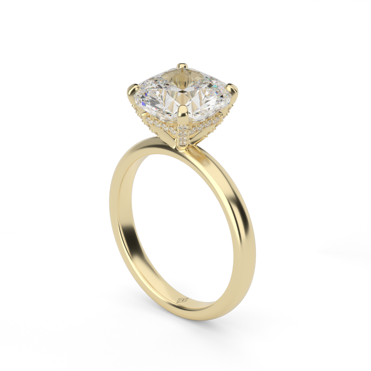 Solitaire Engagement Ring With Hidden Halo — 14K Yellow Gold / Cushion / Lab Diamond (image)