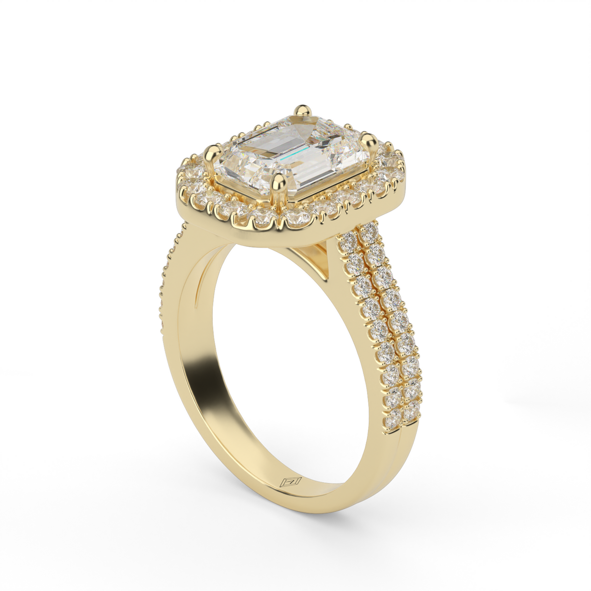 Double Shank Halo Diamond Engagement Ring — 14K Yellow Gold / Emerald / Lab Diamond (image)