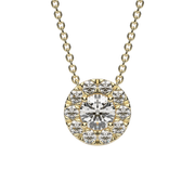 Yellow Gold Round Shape Diamond Halo Pave Pendant With U Cut Setting.