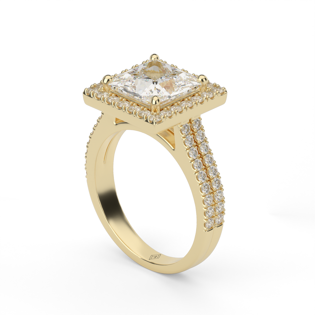 Double Shank Halo Diamond Engagement Ring — 14K Yellow Gold / Princess / Lab Diamond (image)
