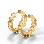 Yellow Gold Diamond Hoop Earrings With Hexagon Honeycomb Design With Prong Setting