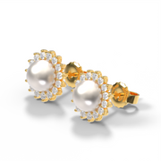 Yellow Gold Round Shape DIamond Pearl Stud Earrings With Prong Setting