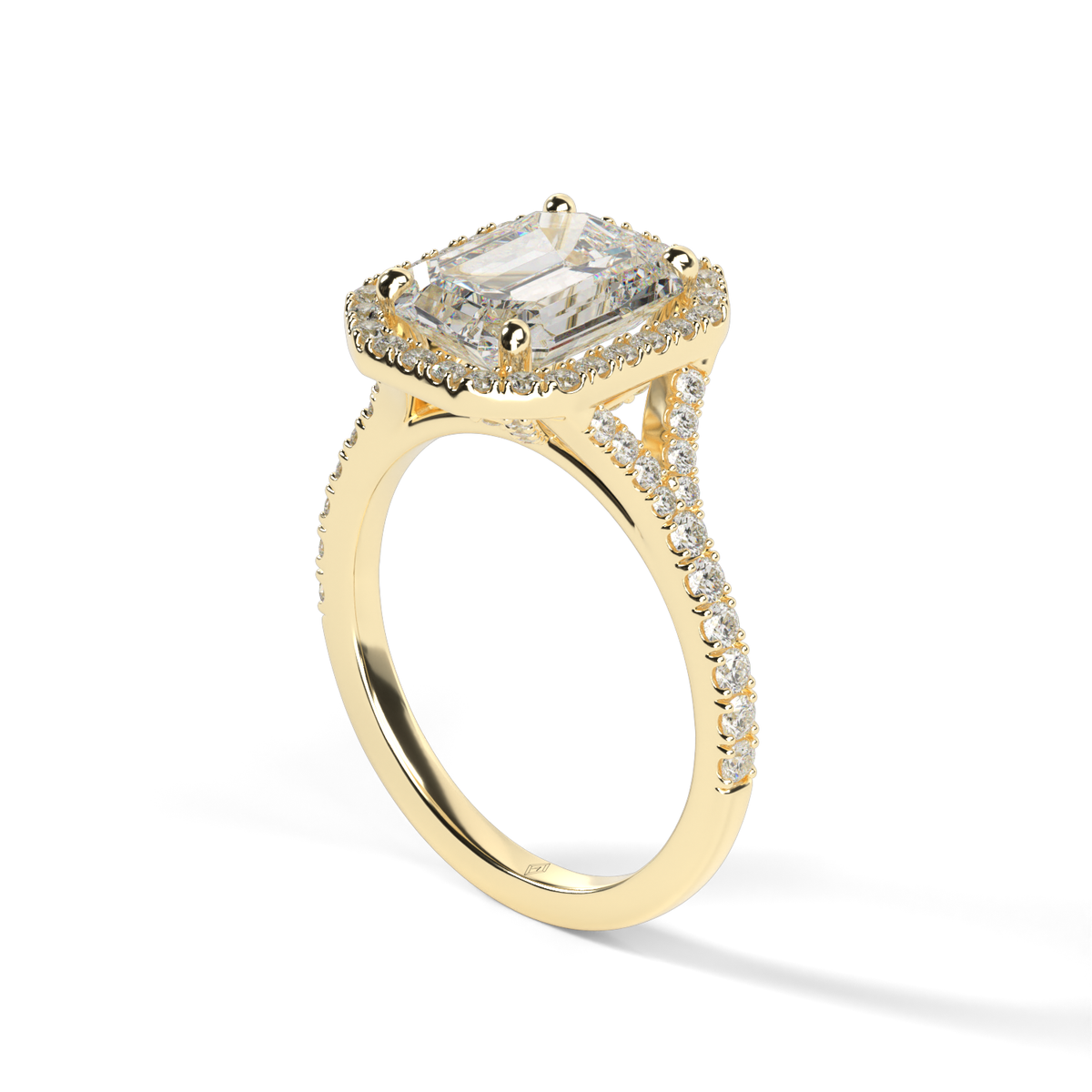 Halo Engagement Ring With Split Shank — 14K Yellow Gold / Emerald / Lab Diamond (image)