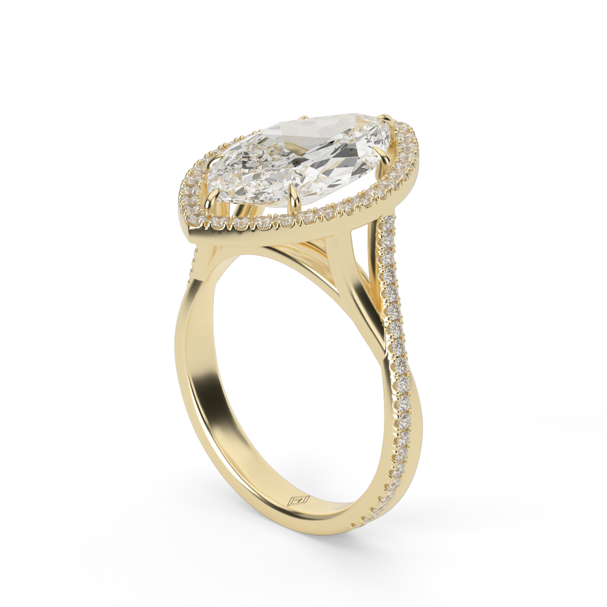 Twisted Shank Pave Halo Diamond Engagement Ring — 14K Yellow Gold / Marquise / Lab Diamond (image)