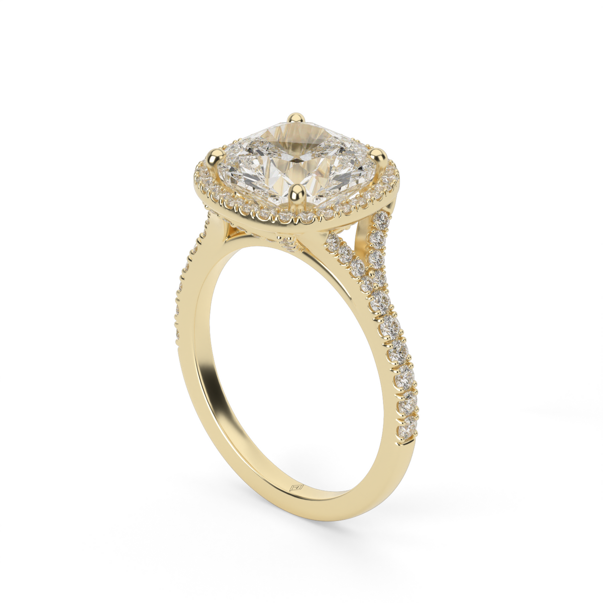 Halo Engagement Ring With Split Shank — 14K Yellow Gold / Cushion / Lab Diamond (image)