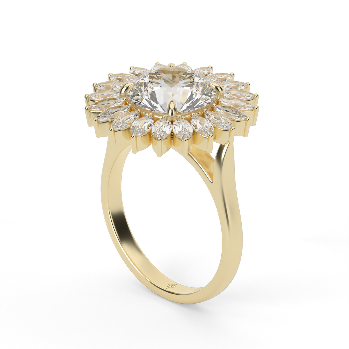 Marquise Diamond Bloom Halo Engagement Ring — 14K Yellow Gold / Round / Lab Diamond (image)
