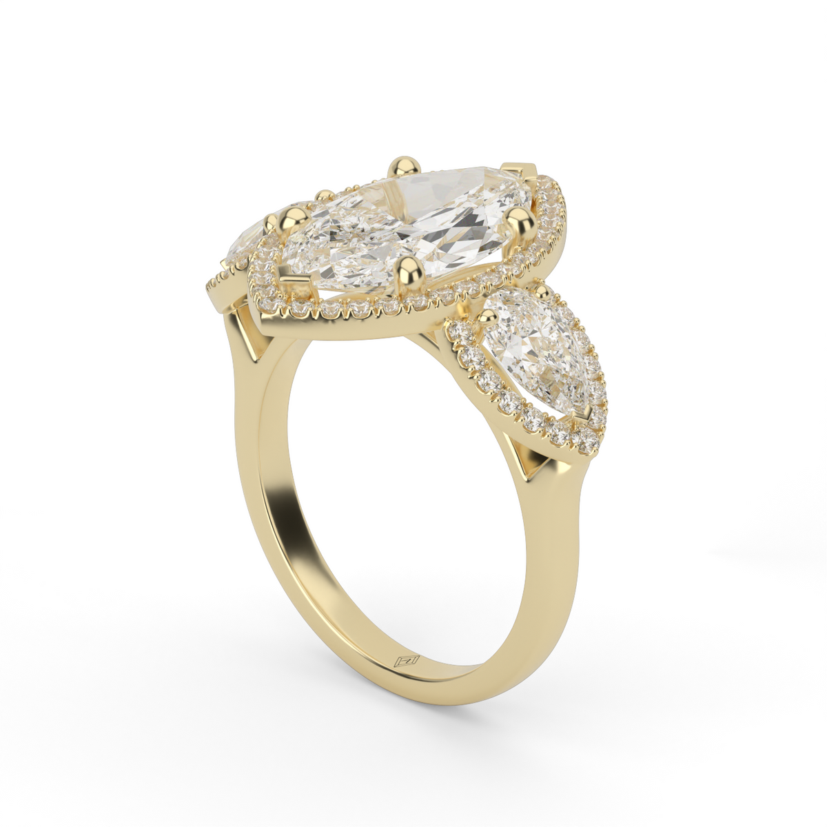 Marquise Cut Diamond Halo Trio Engagement Ring — 14K Yellow Gold / Marquise / Lab Diamond (image)