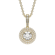 Yellow Gold Round Shape Diamond Double Halo Pave Pendant With U Cut Setting.