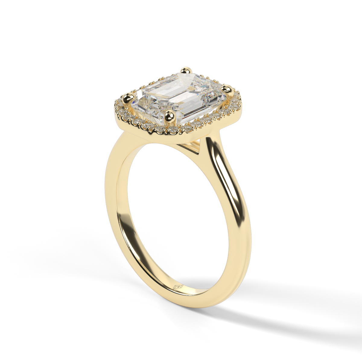 Pavé Halo Solitaire Shank  Engagement Ring — 14K Yellow Gold / Emerald / Lab Diamond (image)