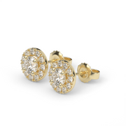 Yellow Gold Round Shape Diamond Halo Pave Stud Earrings With U Cut Setting