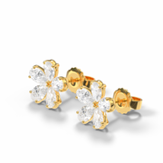 Yellow Gold Pear Shaped Diamond Floral Inspired Earrings With Prong Setting.