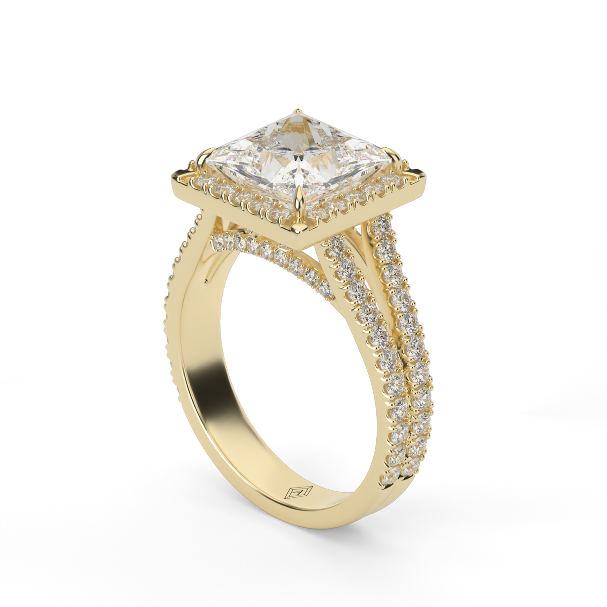 Split Band Diamond Halo Engagement Ring — 14K Yellow Gold / Princess / Lab Diamond (image)