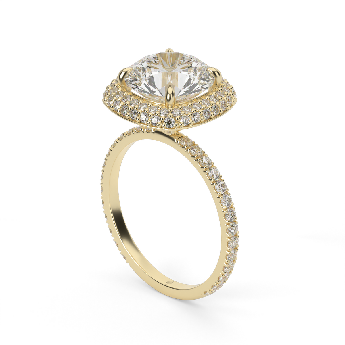 Double Row Diamond Halo Engagement Ring with Pave — 14K Yellow Gold / Round / Lab Diamond (image)