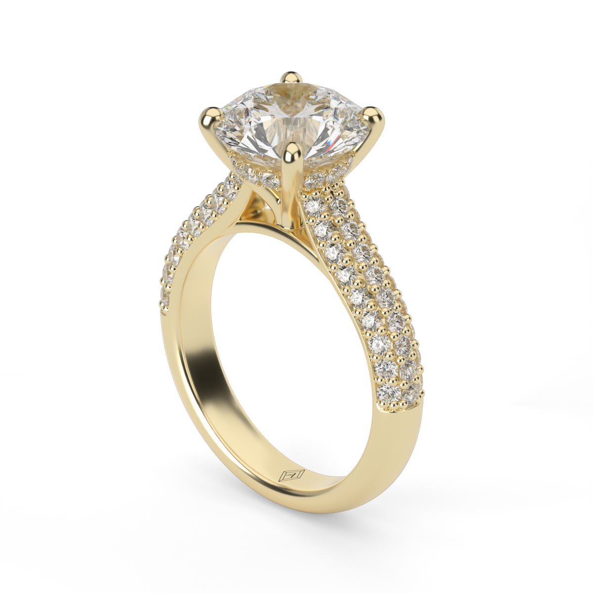 Triple Row Pavé Hidden Halo Engagement Ring — 14K Yellow Gold / Round / Lab Diamond (image)