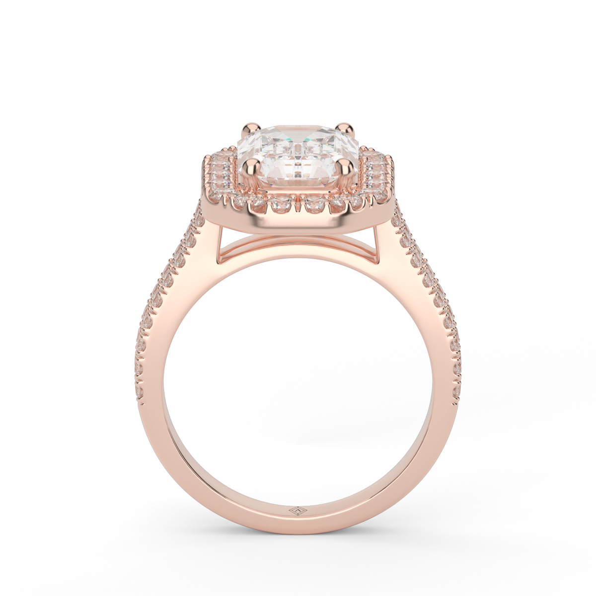 Double Shank Halo Diamond Engagement Ring — 14K Rose Gold / Emerald / Lab Diamond (image)