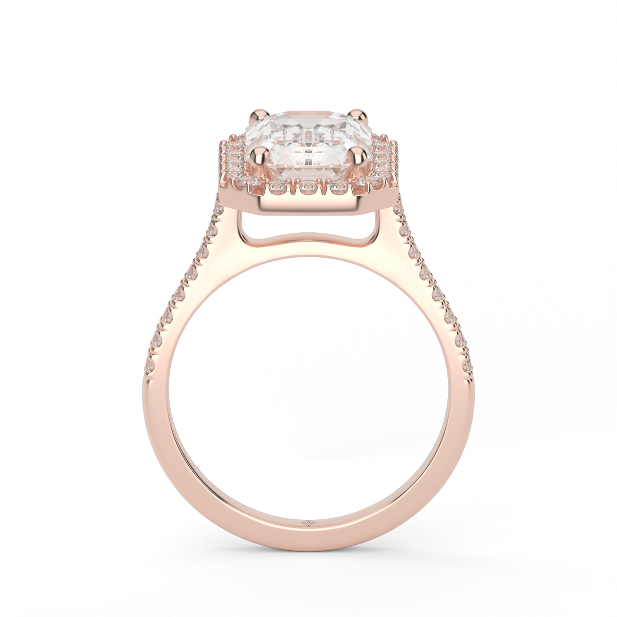 Pavé Halo and Shank Diamond Engagement Ring — 14K Rose Gold / Emerald / Lab Diamond (image)