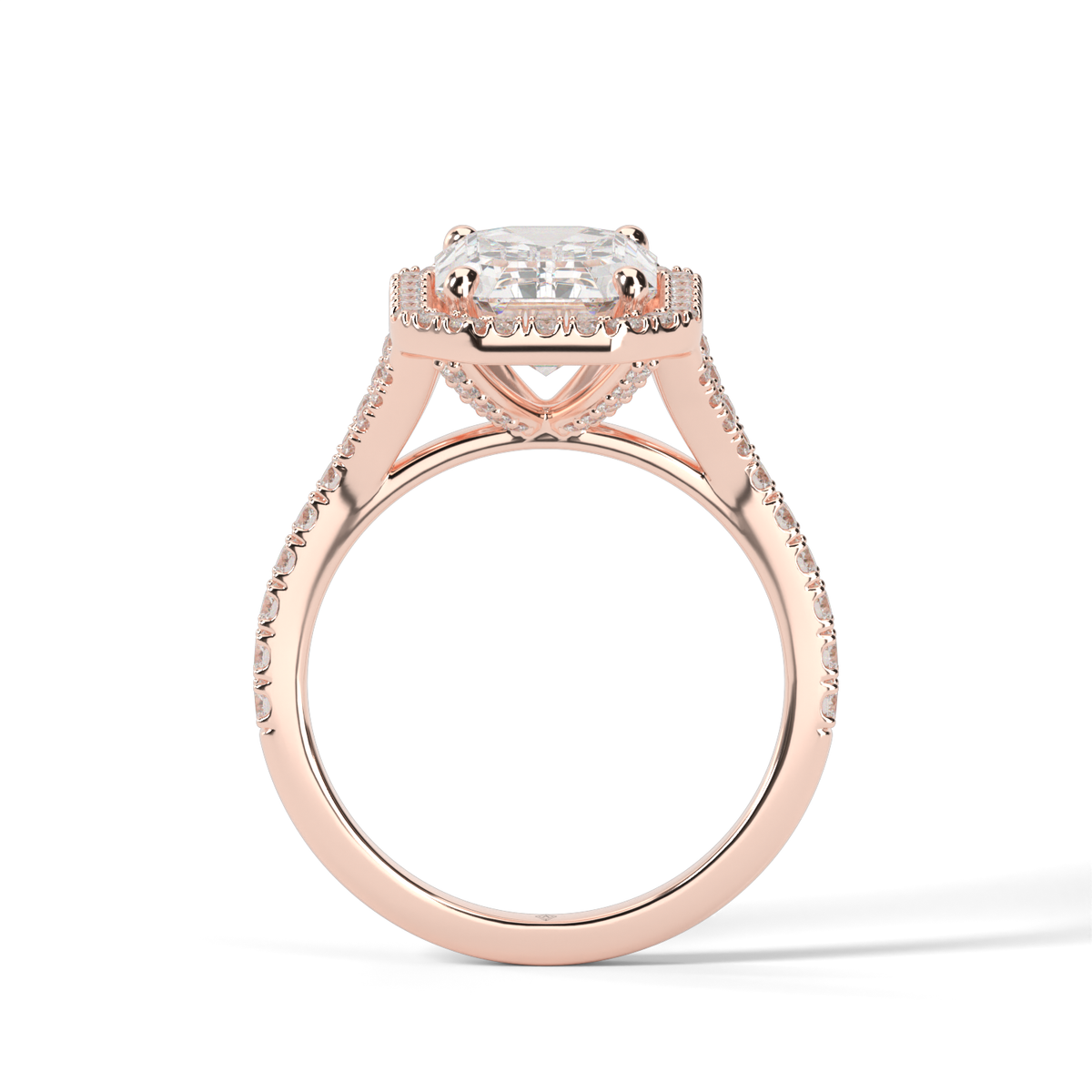 Halo Engagement Ring With Split Shank — 14K Rose Gold / Emerald / Lab Diamond (image)
