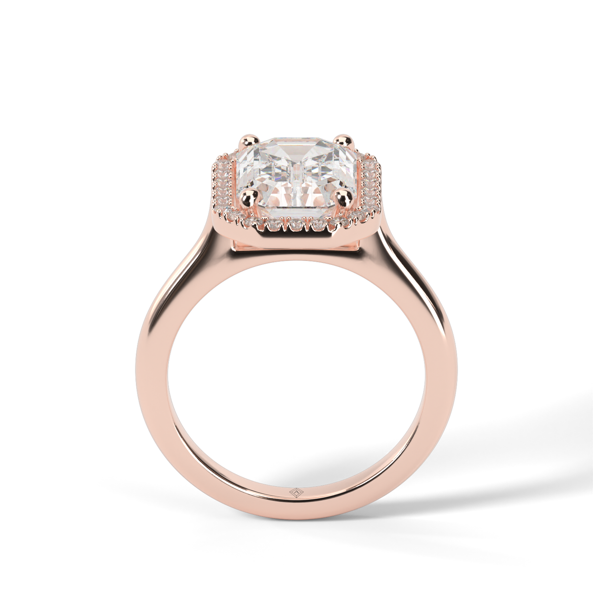Pavé Halo Solitaire Shank  Engagement Ring — 14K Rose Gold / Emerald / Lab Diamond (image)