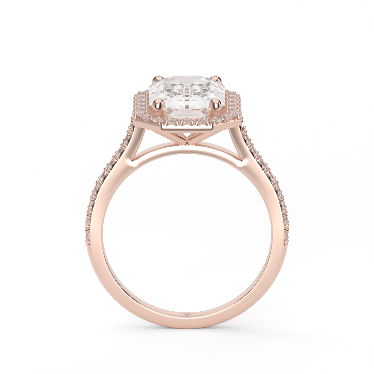 Halo Cushion Head  Pavé Engagement Ring — 14K Rose Gold / Emerald / Lab Diamond (image)