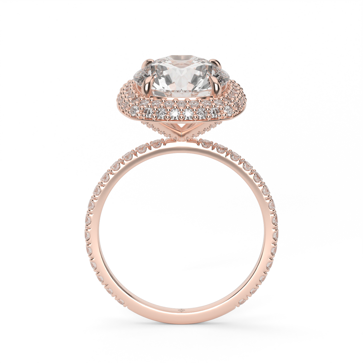 Double Row Diamond Halo Engagement Ring with Pave — 14K Rose Gold / Round / Lab Diamond (image)