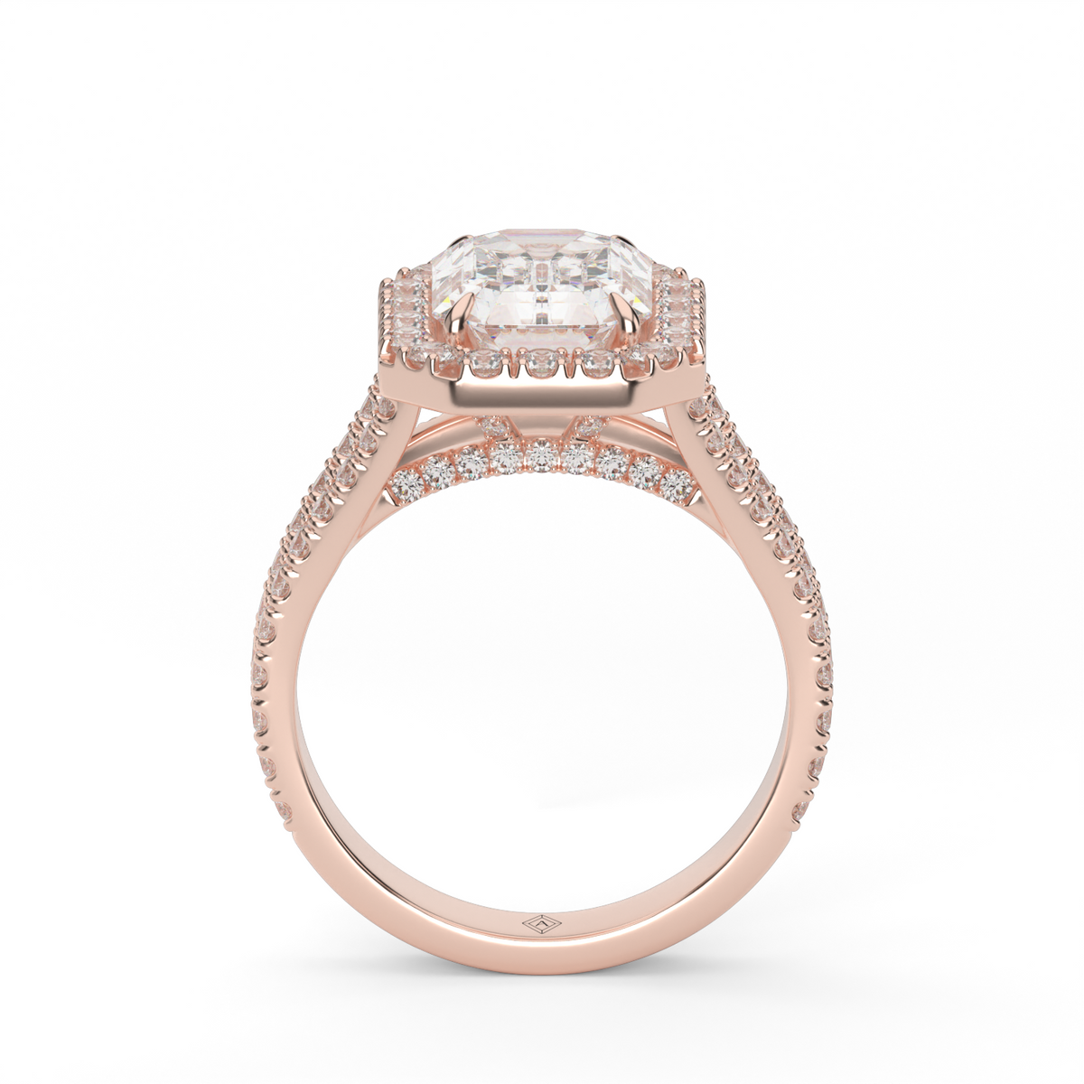 Split Band Diamond Halo Engagement Ring — 14K Rose Gold / Emerald / Lab Diamond (image)