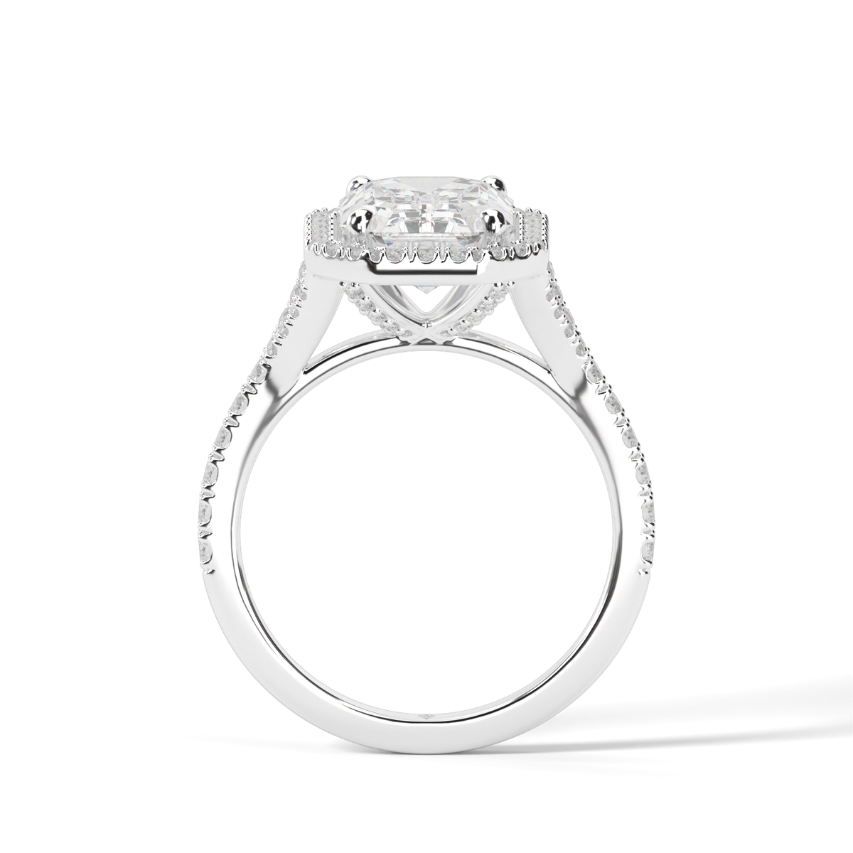 Halo Engagement Ring With Split Shank — 14K White Gold / Emerald / Lab Diamond (image)