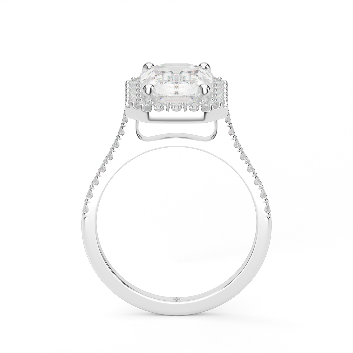 Pavé Halo and Shank Diamond Engagement Ring — 14K White Gold / Emerald / Lab Diamond (image)