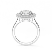 White Gold Round Shape Diamond Halo Engagement Ring With Shared Prong Setting.