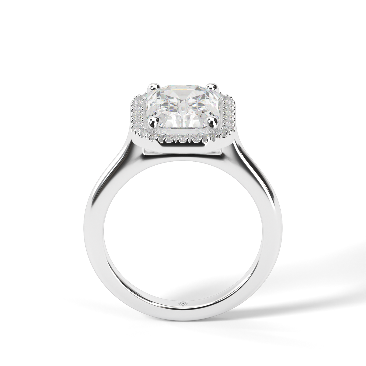 Pavé Halo Solitaire Shank  Engagement Ring — 14K White Gold / Emerald / Lab Diamond (image)