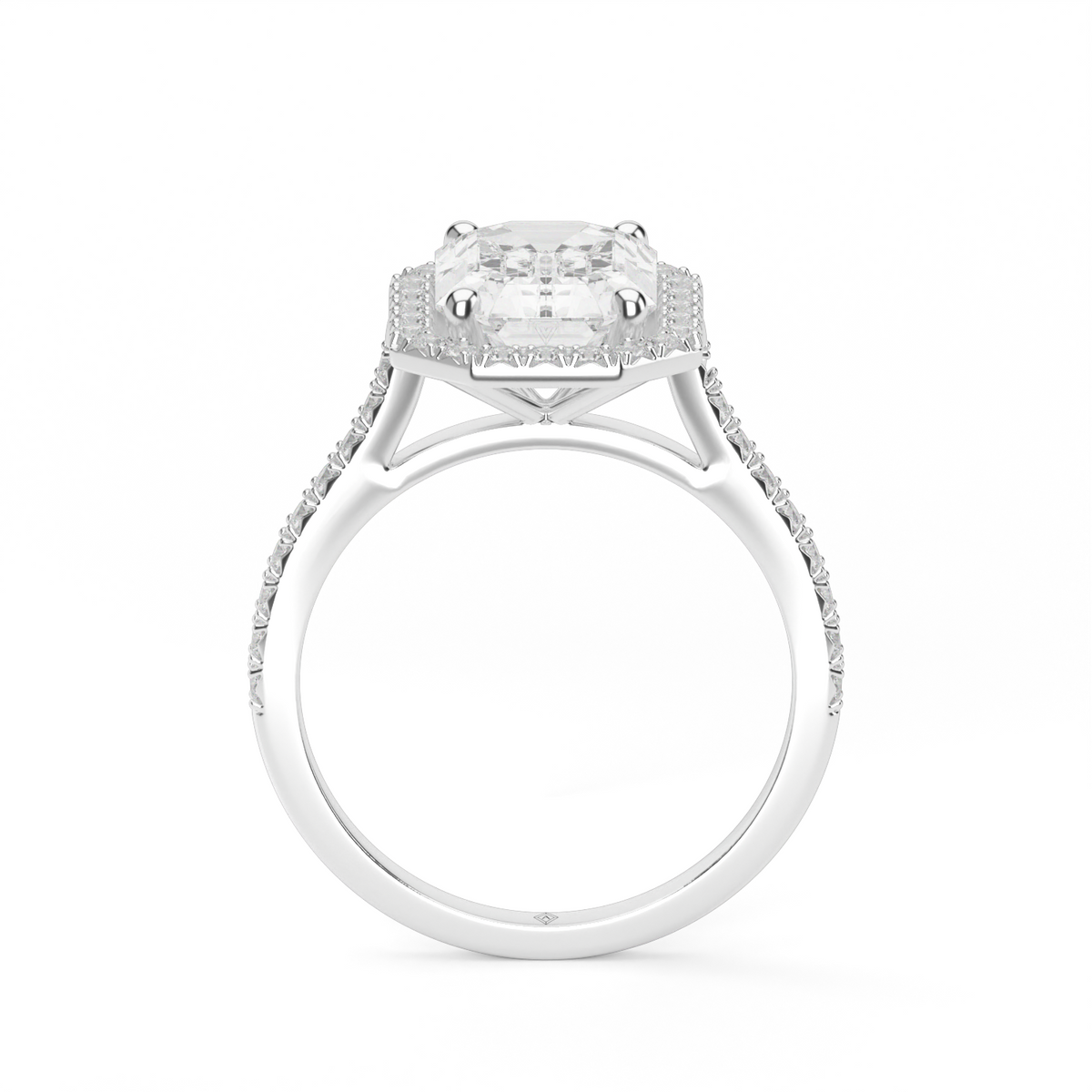 Halo Cushion Head  Pavé Engagement Ring — 14K White Gold / Emerald / Lab Diamond (image)