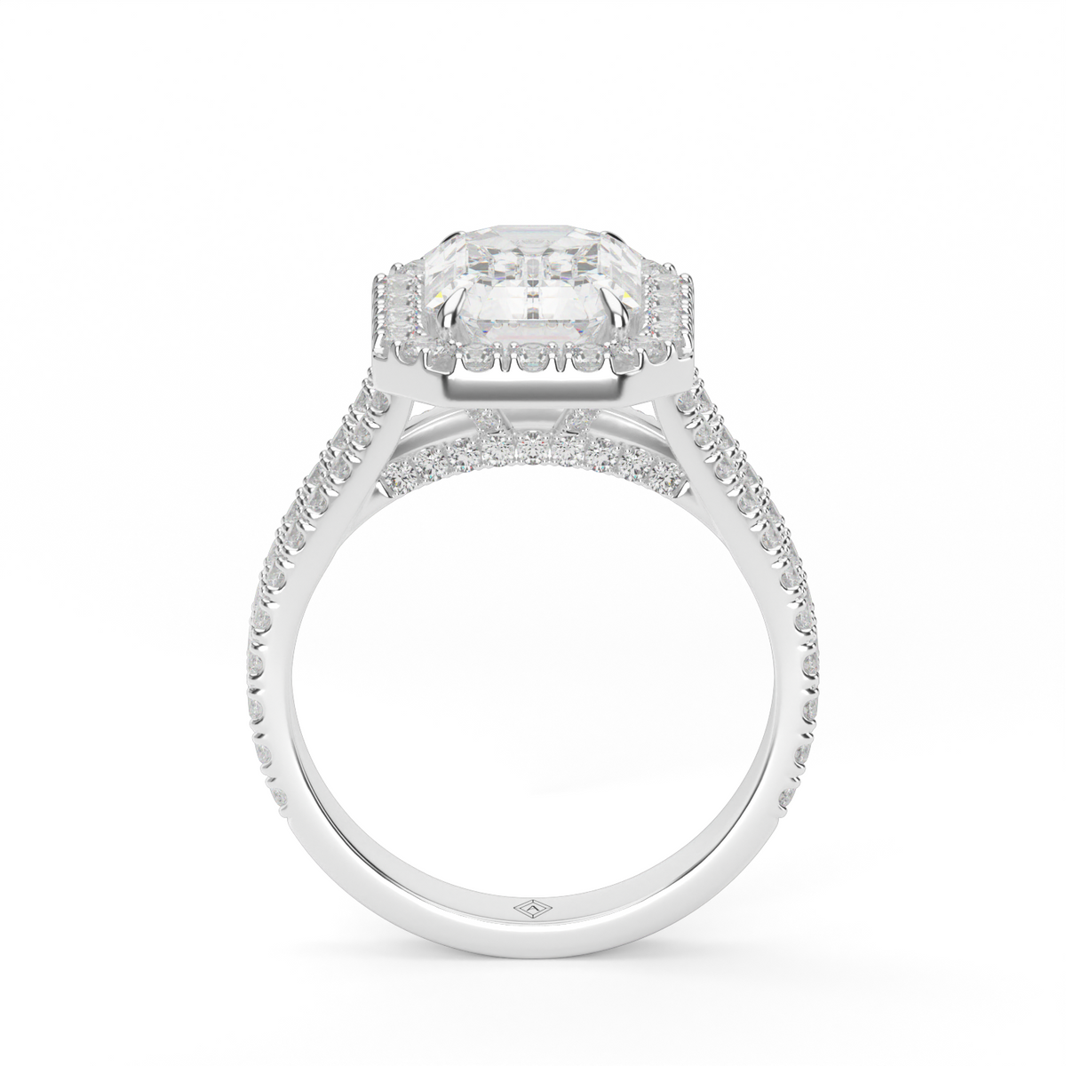 Split Band Diamond Halo Engagement Ring — 14K White Gold / Emerald / Lab Diamond (image)