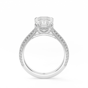 White Gold Emerald Cut Diamond Hidden Halo Pave Engagement Ring With Shared Prong Setting