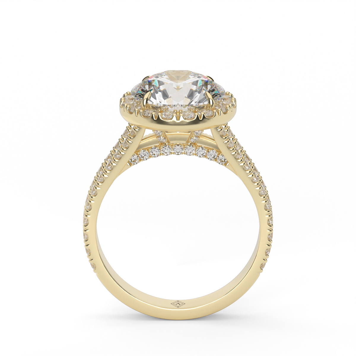 Split Band Diamond Halo Engagement Ring — 14K Yellow Gold / Round / Lab Diamond (image)